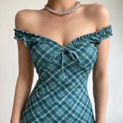 美式复古可爱V领碎花木耳边蝴蝶结连衣裙